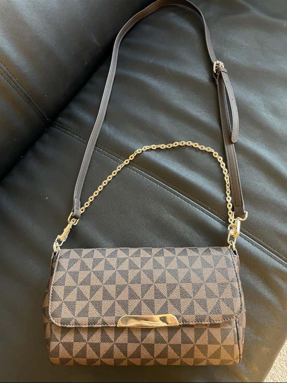 Checkered Shoulder Bag, Brown Faux Leather Crossbody Purse with Chain Strap
